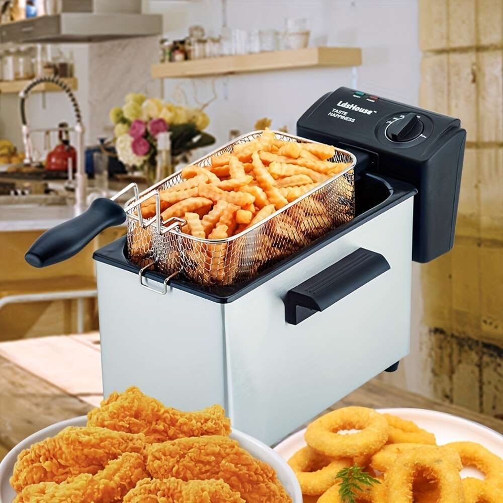 Fritadeira elétrica de grau profissional comercial, temperatura ajustável, tampa removível de cesta com janela de vista, utensílios de cozinha, 1800 watts, 9 xícaras/ 3,5 litros de óleo