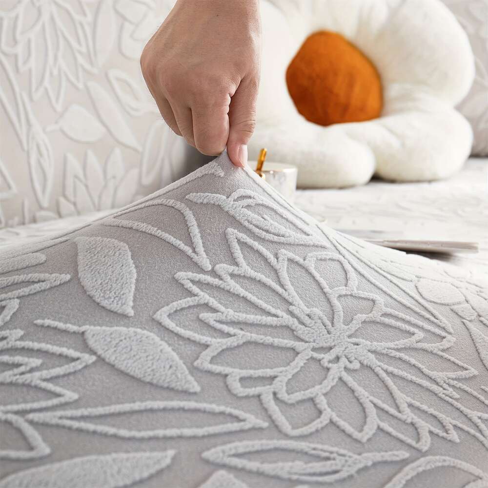 Camellia Jacquard Polaire Élastique Tout Compris + 1 Coussin sans Noyau Housse de Canapé, Housse de Canapé Protecteur de Meubles pour Chambre Bureau Salon