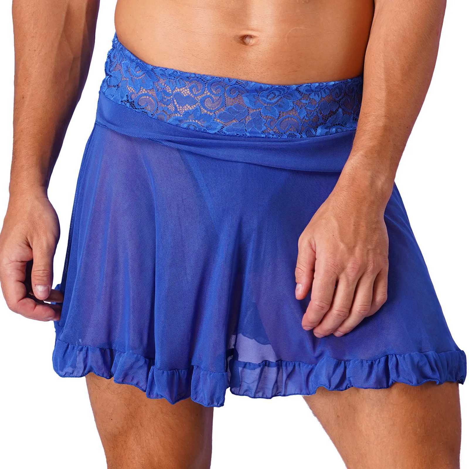 Seksowna spódnica seksowna set seksowne mężczyźni w noszeniu siatkowej bielizny Solidny kolor mini spódnica z koronką z G-stringem i falbanką 24326