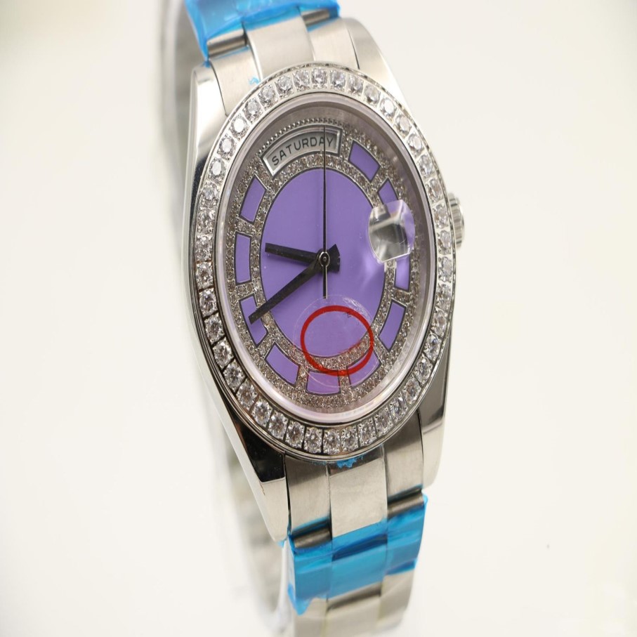 Montres automatiques pour hommes 40 mm Afficher le cadran rond violet avec une montre de montre en acier inoxydable diamant203l