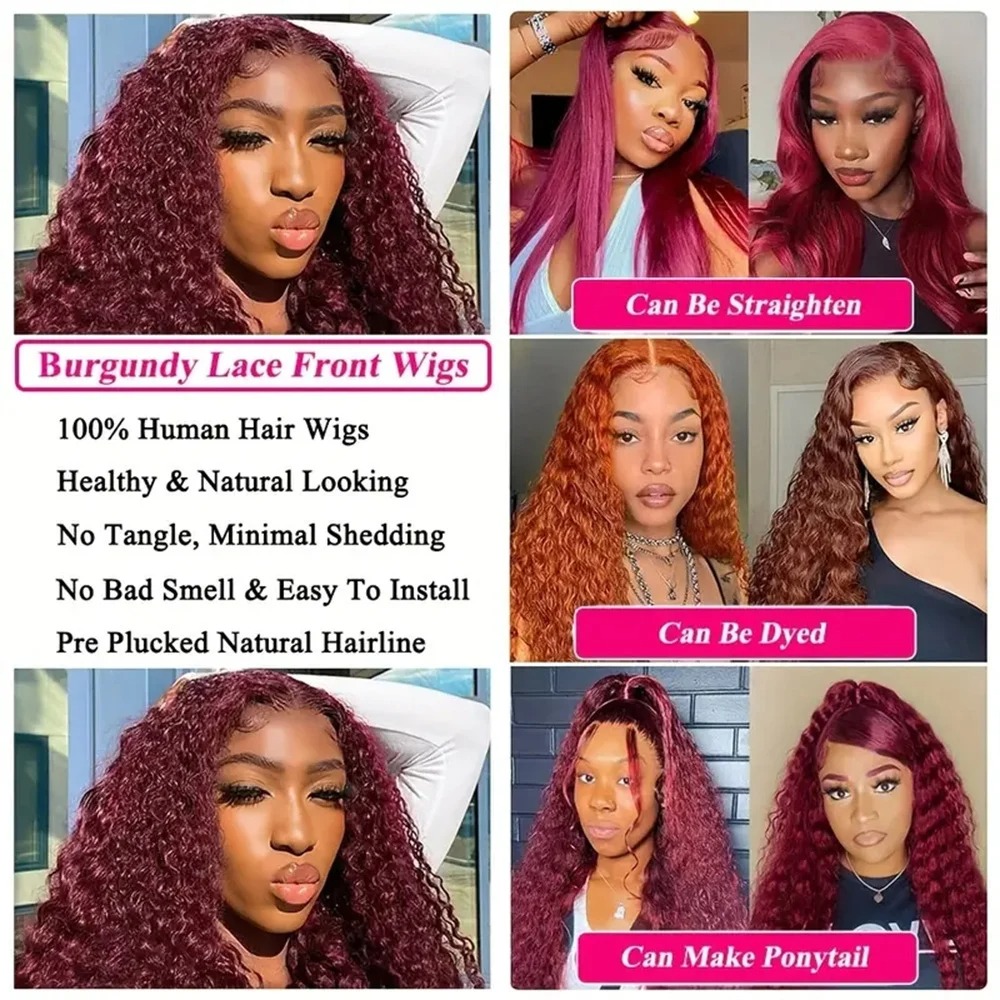 13x6 ludzkie włosy głębokie fali koronkowe peruki przednie 99J Burgundowe Brazylijskie Remy Hair Blueless 13x4 HD Curly Lace Frontal Peruka dla kobiet