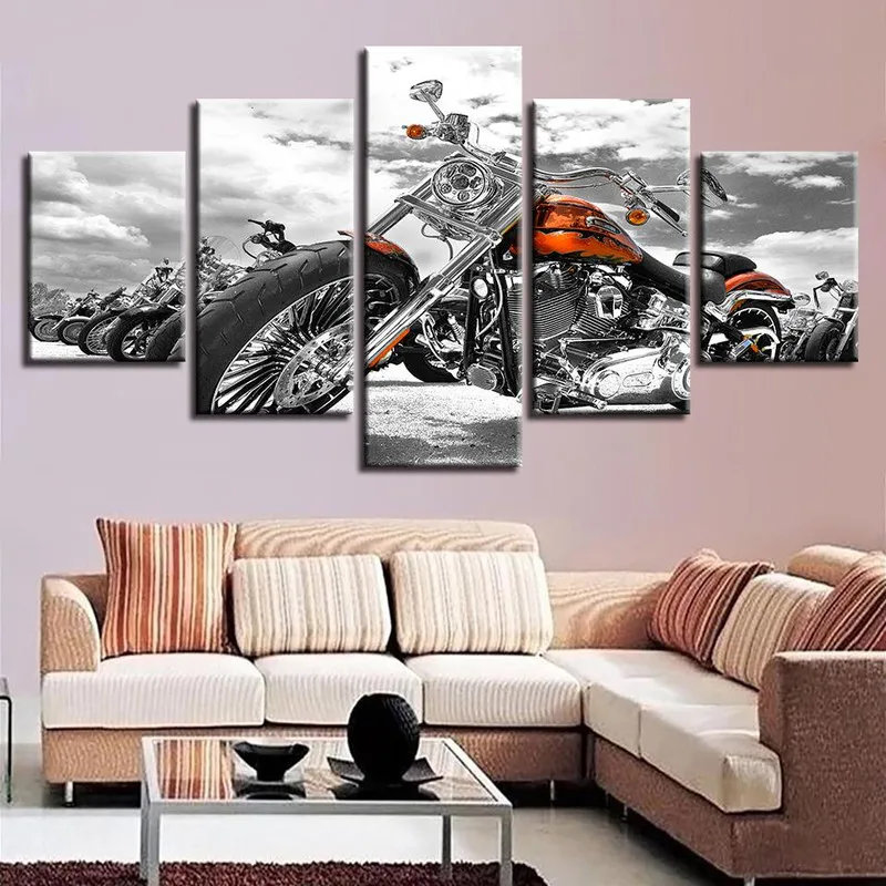 5 Panel Vintage Motorcycle Canvas Painting Retro Red Motor Car Posters and Prints for Boys Room Wall Decor Black and White