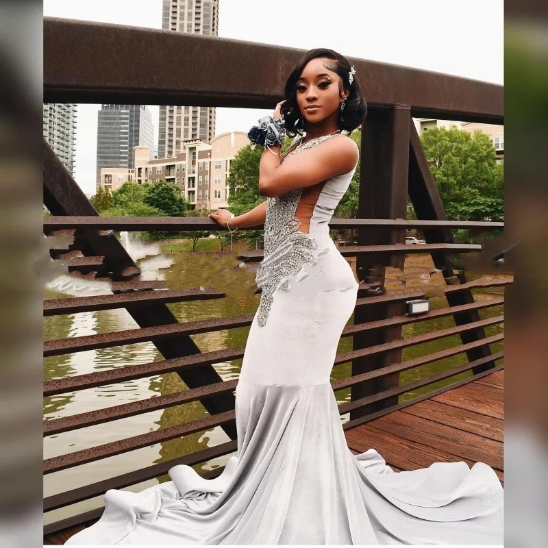 Designer Silver Prom Dress 2024 Blackgirl Rhinestone Velvet African Women Party Gowns Long See Through Vestidos De Festa