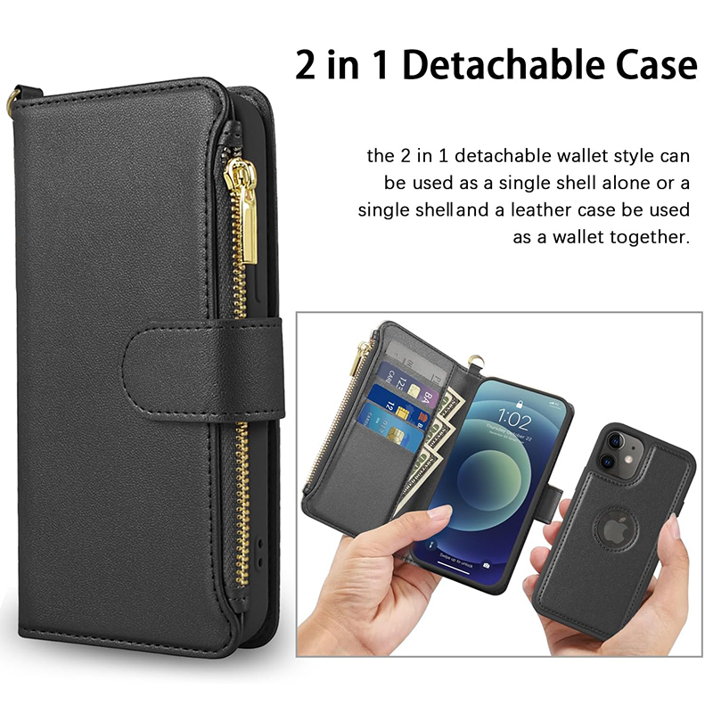 CASEiST 2 IN 1 abnehmbare Flip-Leder-Handyhülle mit magnetischem Ring auf der Rückseite, Reißverschluss, Brieftasche, Kartenfächer, Halter, Ständer, kabellose Ladeabdeckung für iPhone 15, 14, 13, 12, 11 Pro Max Plus