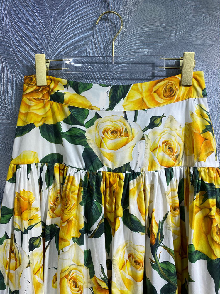 100% bawełniana spódnica wiosna lato Kobiety moda żółta róża kwiat drukowany impreza wakacje na pół sukienki High Street Casual Wear