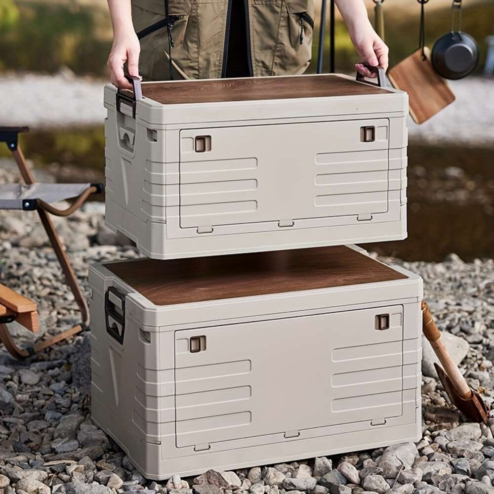 1 boîte portable de camping pliable avec couvercle en bois, boîte anti-poussière pour épicerie, organisateur de rangement domestique pour placard, armoire, chambre à coucher, salle de bain, bureau.