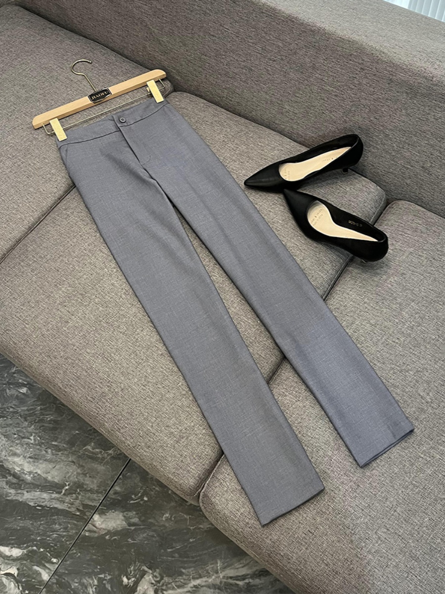 2024 Spring Gray Solid Color Two Piece Pants Sets Black Long Sleeve Lapel Neck Panelled Blazers Top + Long Pants Set Two Piece Suits 4X216356