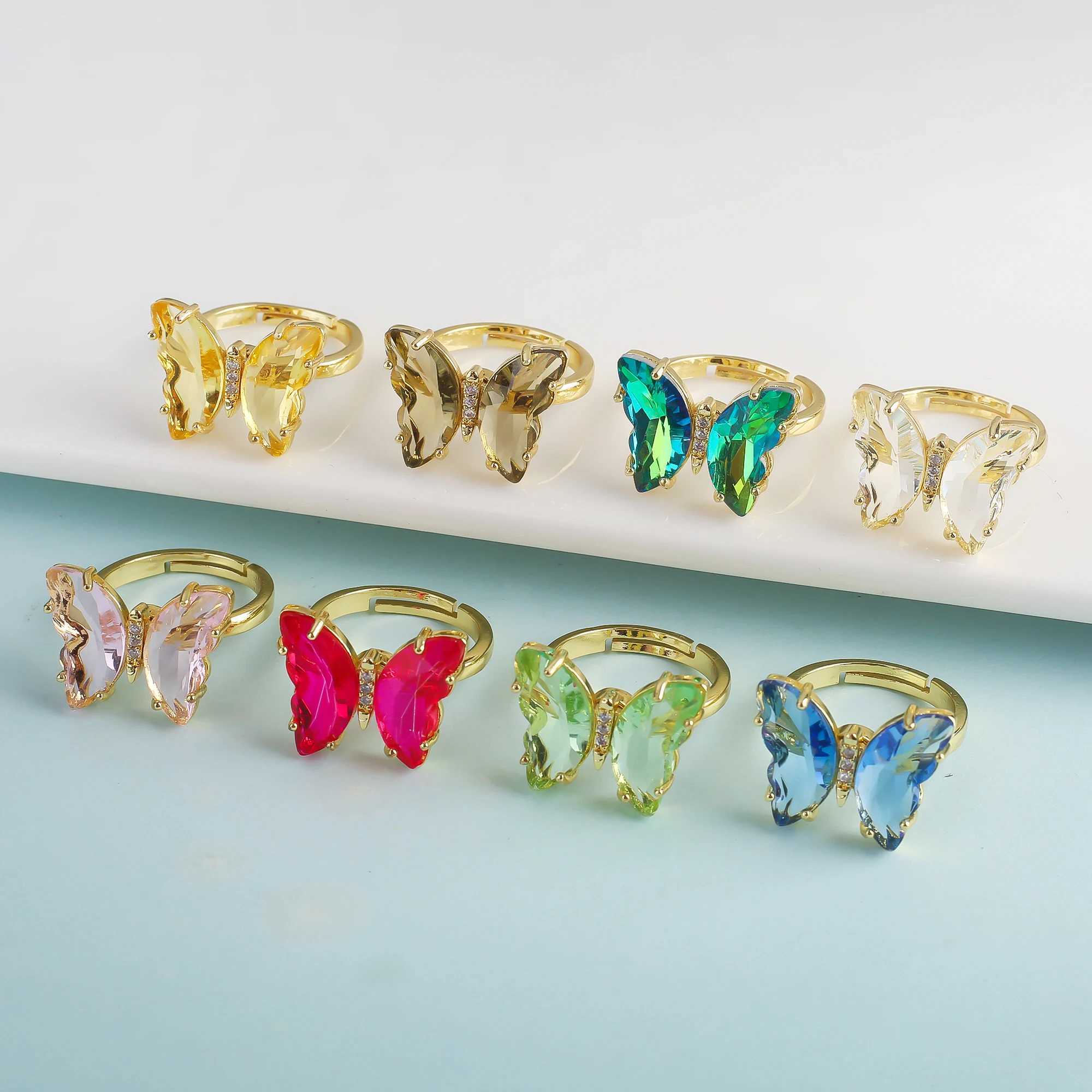 Кольца-кольца 21 цвет прозрачного хрусталя-бабочки, насекомого, животного, регулируемое кольцо с отверстием, подходящее для женских роскошных позолоченных креативных украшений J240326