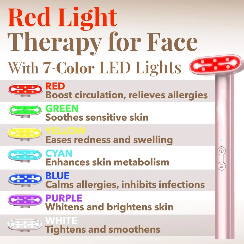 Bacchetta terapia della luce rossa 7in1 occhi, viso e collo Dispositivo terapia della luce LED il viso con strumento ricaricabile la cura della pelle Strumento di bellezza massaggio facciale