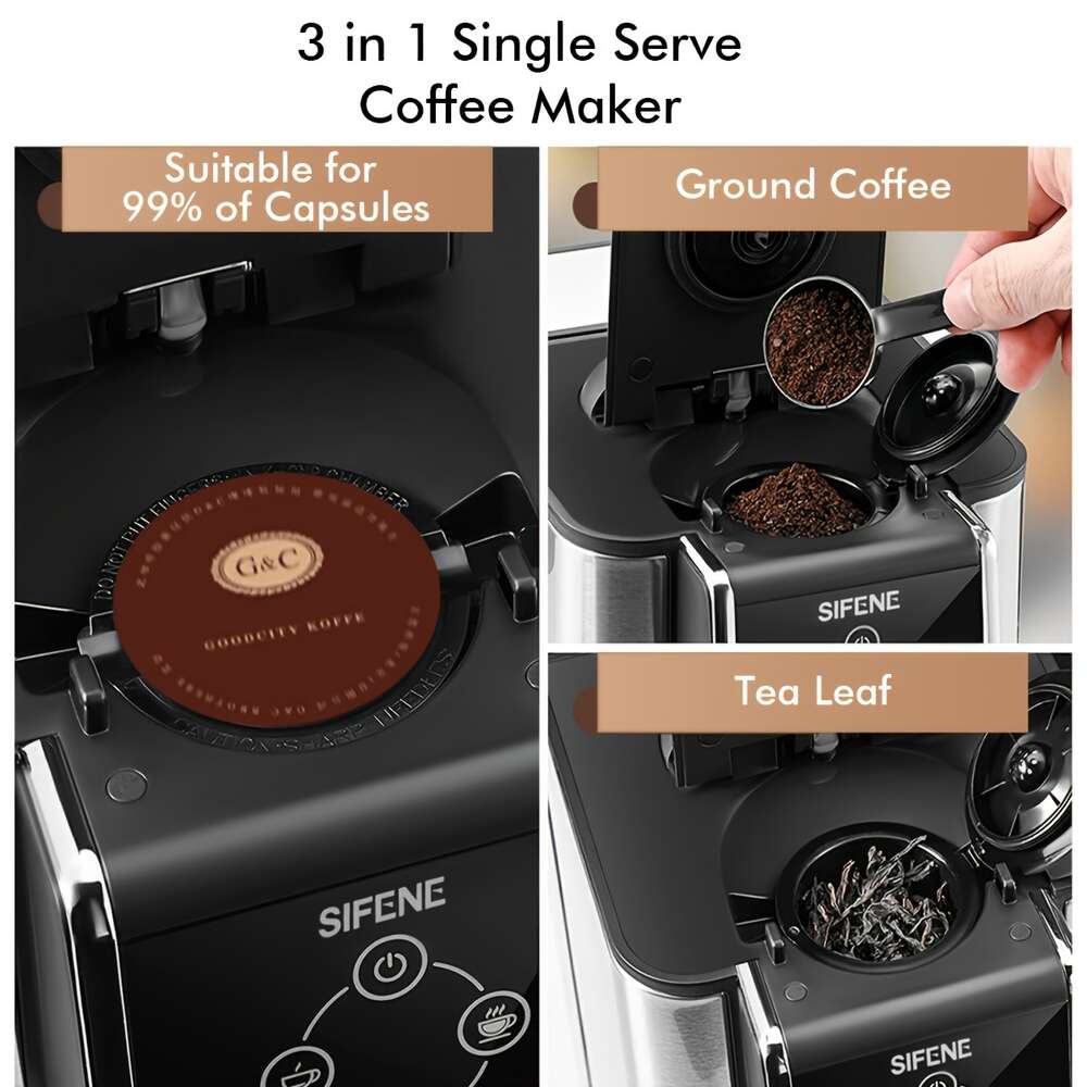 SIFENE 3 in 1 Single Serve Hine, Pod Maker for K-cup Capsule Pod, Ground Coffee Brewer, Leaf Tea Maker, 6 to 10 Ounce Cup, Removable 50 Oz Water Reservoir