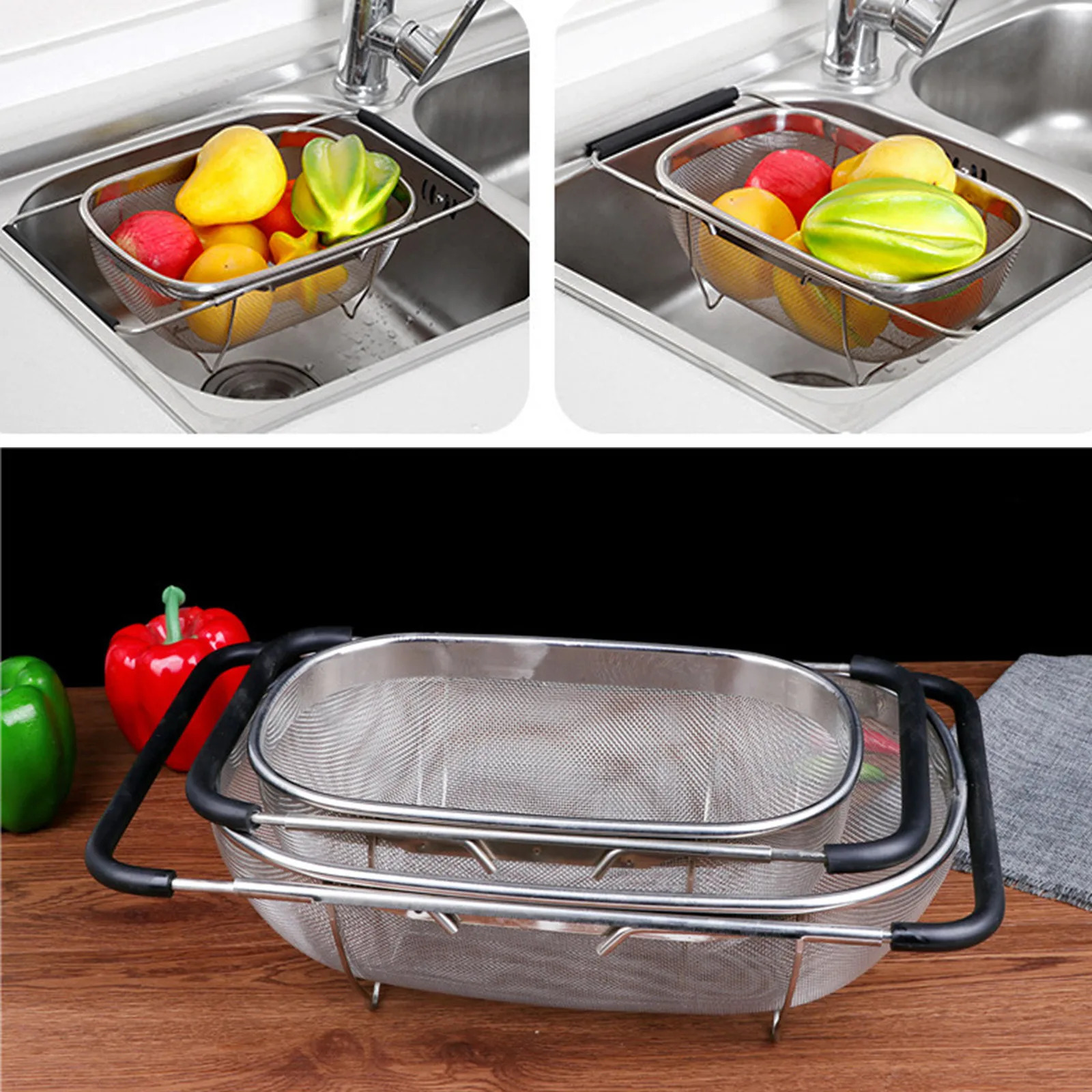 Kitchen Supply Colander Drain Over The Sink Deep Well Oval Stainless Steel Colander Fine Mesh Extendable Handle Foldable Storage 240326