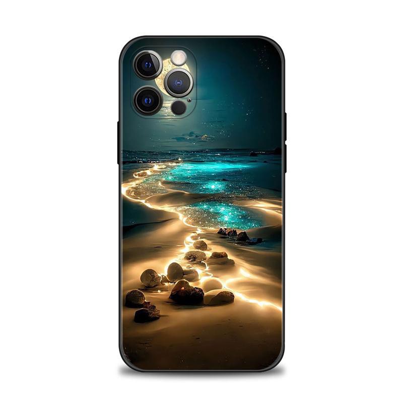 Sea Ocean Beach Soft TPU Case For Iphone 15 Pro Max 14 Plus 13 12 11 XS MAX XR X 8 7 6 Iphone15 Moon Starfish Stone Love Heart Lover Fashion Black Smart Phone Cover Skin