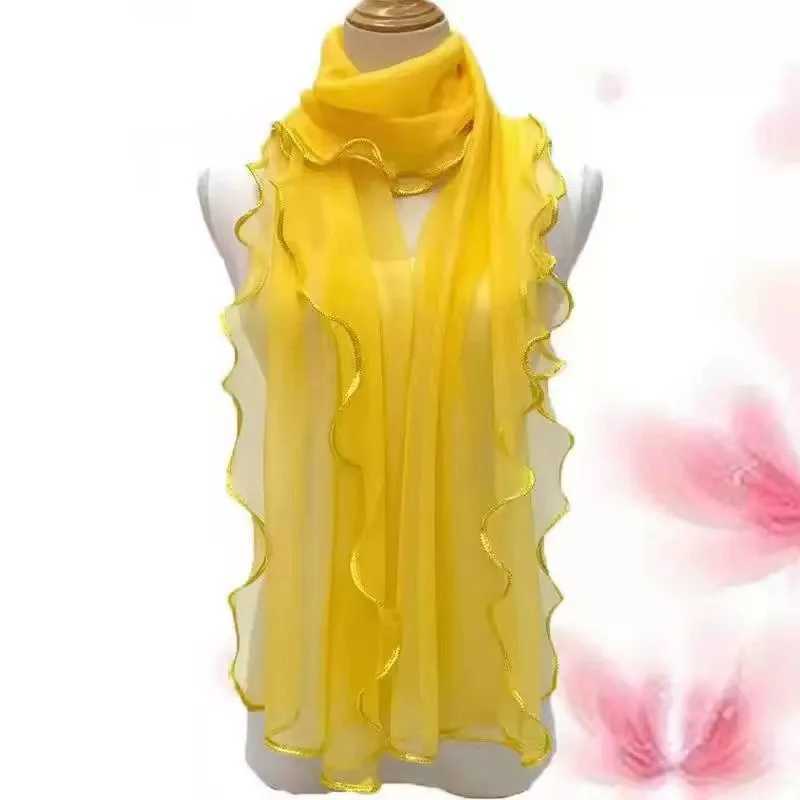 Sarongs Solid gold silk scarf long elastic wave pleated shawl summer womens chiffon bag outdoor beach chiffon sunscreen towel 240325