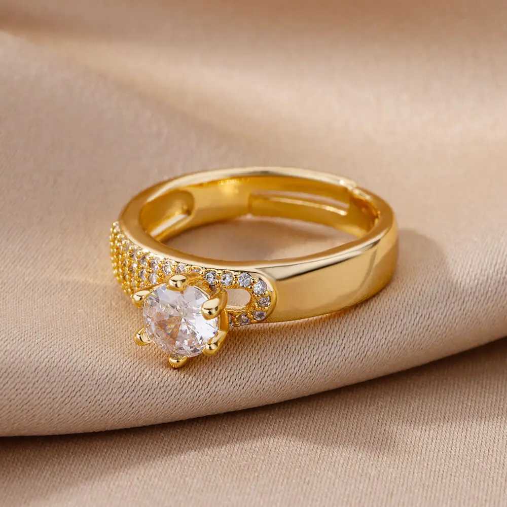Bandringe Edelstahl Runder Ring Damen Zirkon Geometrisch Gold Kristall Ring Mode Hochzeit Schmuck Geschenktüte Frauen J240326