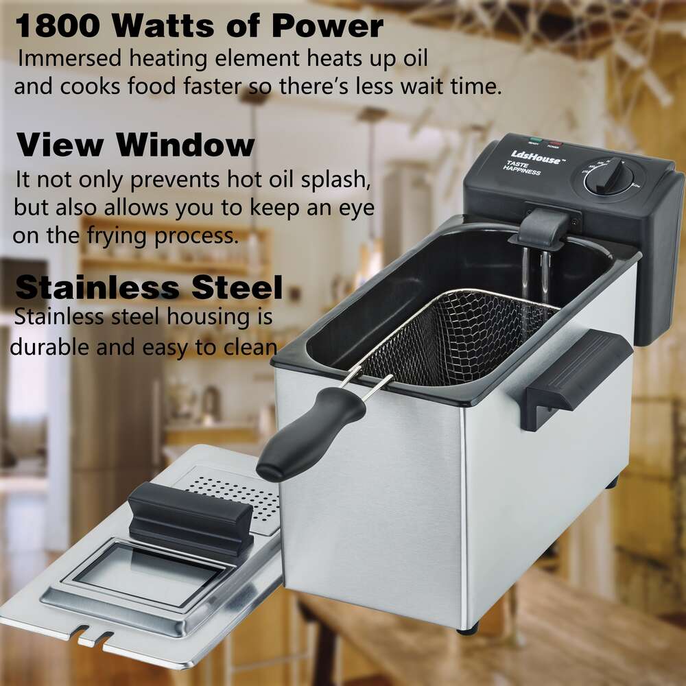 Zeitgenössisches Design Electric Fryer Fryer Basket Abnehmbarer Deckel mit Blickfenster, Magnetstecker, Counttop -Küche Frittyer, Frites Pommes, 1800 Watt, 9 Tassen/ 3,5