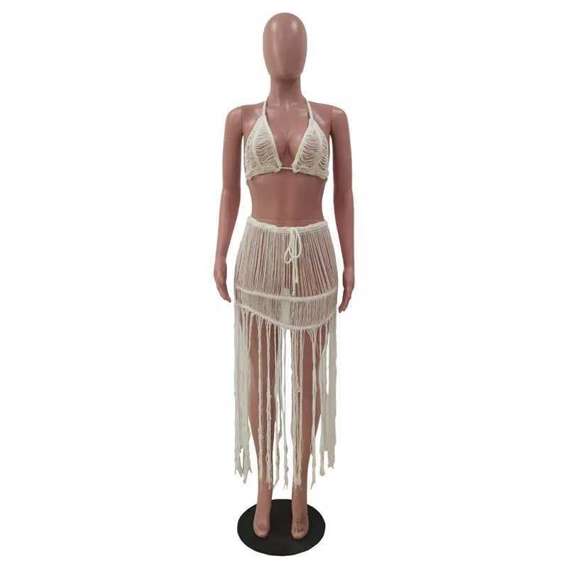 Women's Swimwear Wearing a 2-piece knitted leather tassel beach suit womens crochet swimsuit sexy transparent bikini bra and bottom bikini top 24326