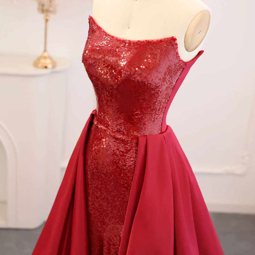 Vinho brilhante disse sharon vermelho lantejoulas sereia vestidos de noite com overskirt 2024 elegante feminino casamento gala vestidos de festa ss513