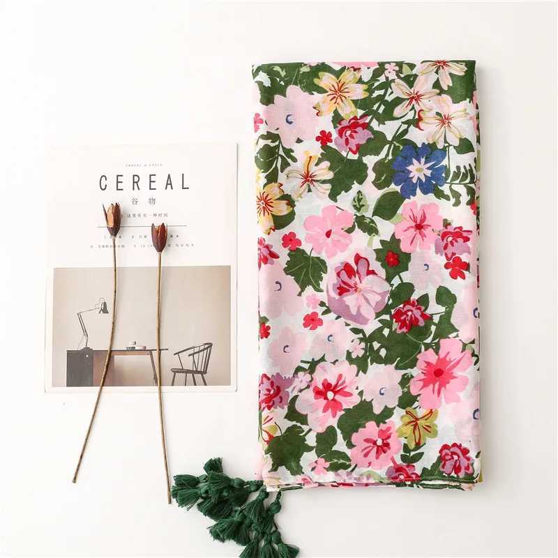 Sarongs Cross border foreign trade plant and flower series light colored printed beach towel with long hanging tassel soft cotton linen scarf 240325