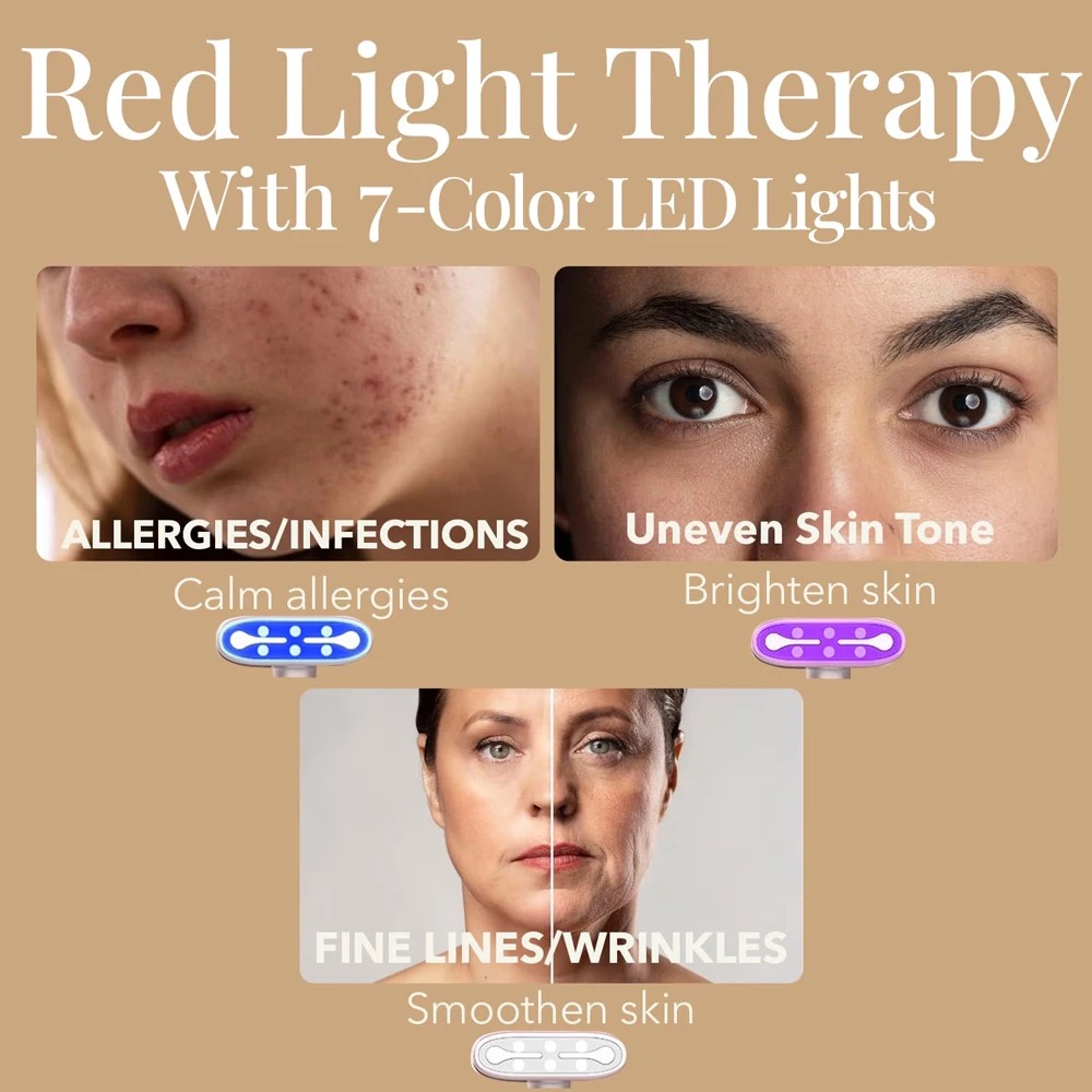 Bacchetta terapia della luce rossa 7in1 occhi, viso e collo Dispositivo terapia della luce LED il viso con strumento ricaricabile la cura della pelle Strumento di bellezza massaggio facciale