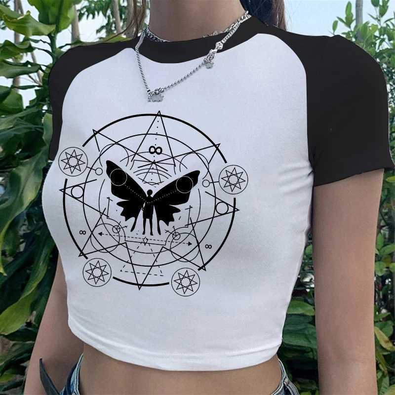 Camisetas sin mangas para mujer Camis Y2k Fairy Grunge Emo Sexy Gothic Crop Top Vintage Harajuku Negro Camiseta de manga corta con cuello redondo Ropa estética Street Tank 24326