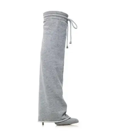 Nouvelles femmes gris coton tissu bout pointu talons fins à lacets avant genou pantalon haut bottes femme Tube sans lacet mince longue Botas chaussure