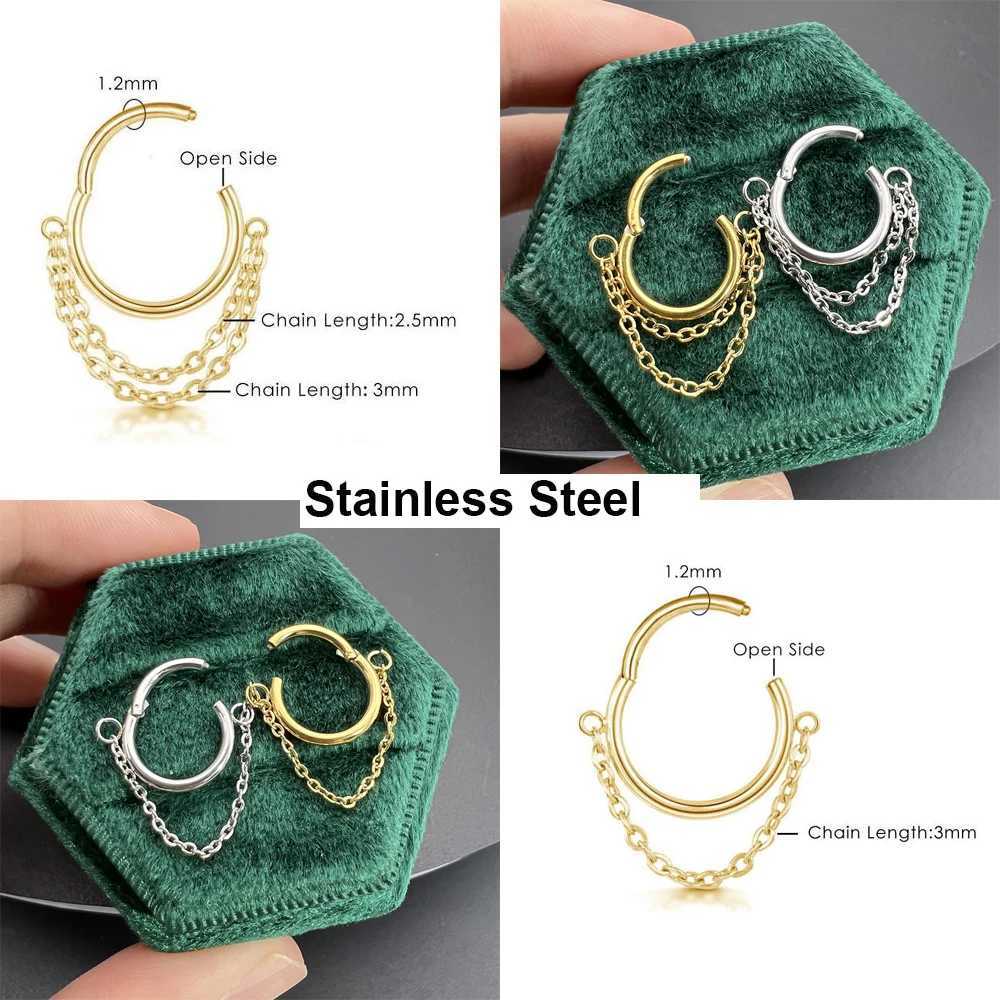 Hoop Huggie 1 stainless steel ring earring with chain simple cylindrical perforated nose ring womens gold Tragus Rook ear perforated jewelry 240326