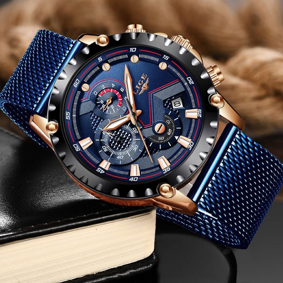 LIGE nouveaux hommes montres mâle haut tendance marque de luxe en acier inoxydable bleu montre à Quartz hommes décontracté Sport étanche montre Relogio LY278I