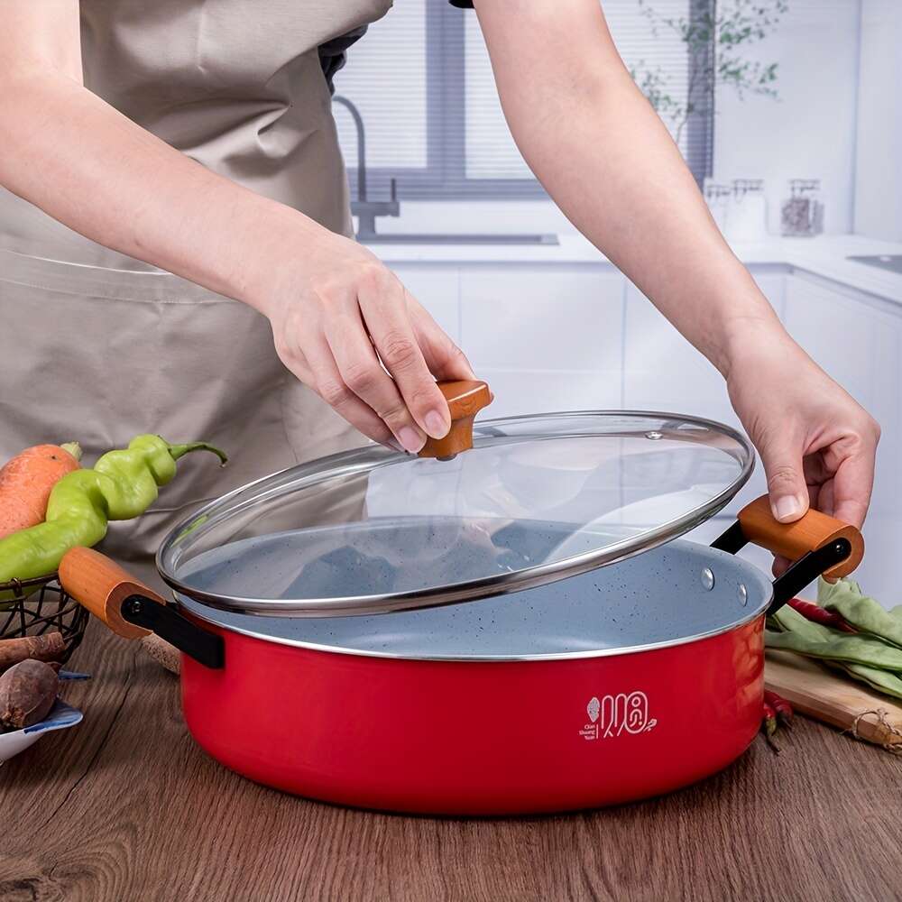 grande cuisson environ 5 litres, couvercle de marmite à soupe antiadhésive, cuisinière à induction avec manche en bois, adapté à toutes les cuisinières