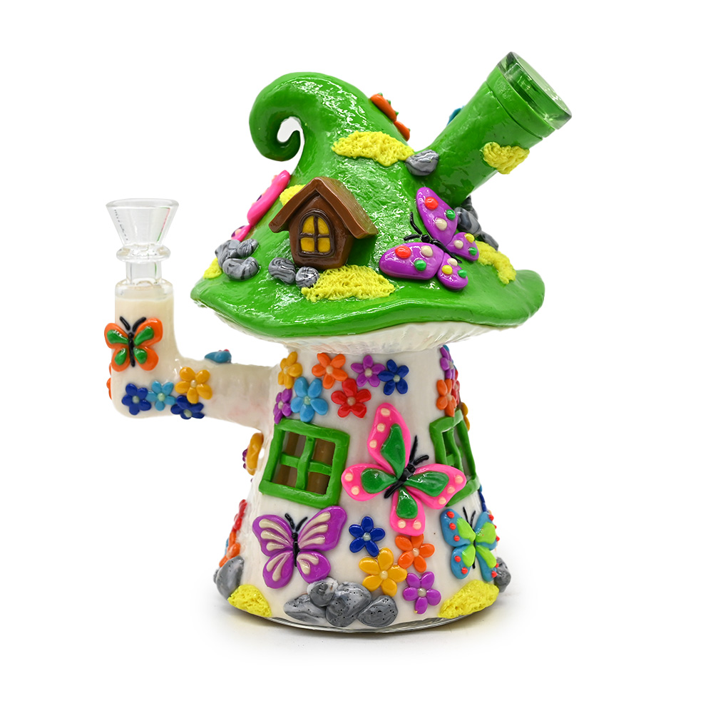 Glass Bongs With Cute Mushrooms House,Glow In Dark,Mushroom Bongs With Cartoon Flower & Butterfly,Borosilicate Glass Water Pipe,Glass Hookah,Smoking Accessaries