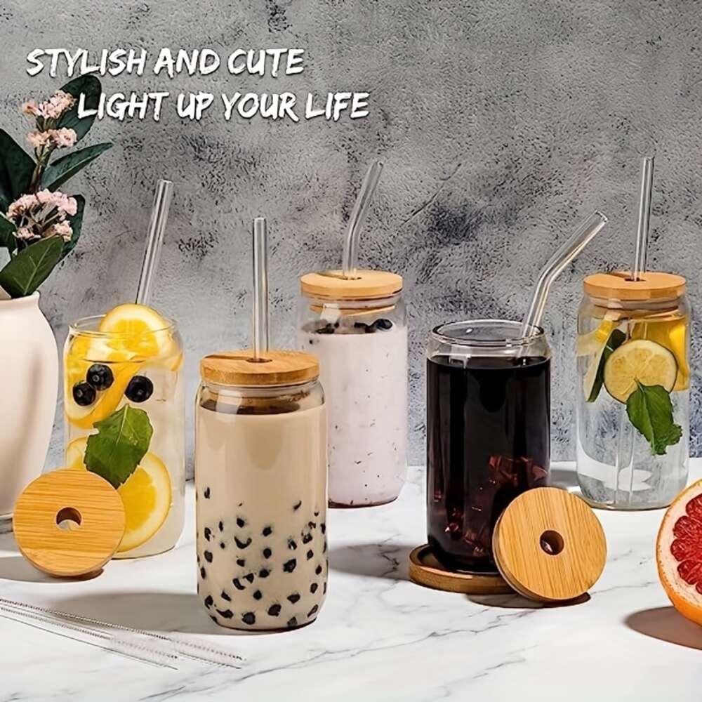 1 комплект чашек с бамбуковыми крышками и стеклянной трубочкой - пивные банки для питья Стаканы для замороженного кофе на 16 унций, симпатичный стакан для смузи, чая Боба, виски, воды