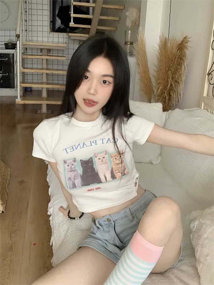 女性のタンクカミスレディースキャットプリントクルーのネックラインスリムフィットTシャツ夏のカジュアル露出ネイビーブルーシャツ24326