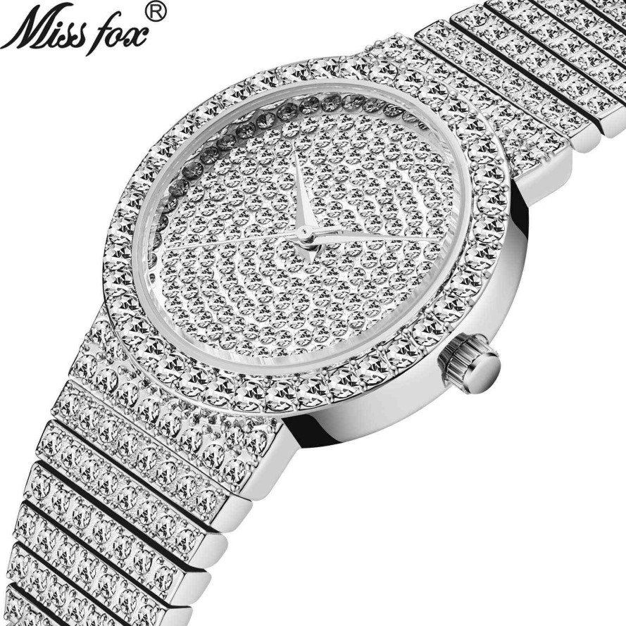 MISSFOX Top Brand Unique Watch Men 7mm Ultra Thin 30M Water Resistant Iced Out Round Expensive 34mm Slim Wrist Man Women Watch 210222B