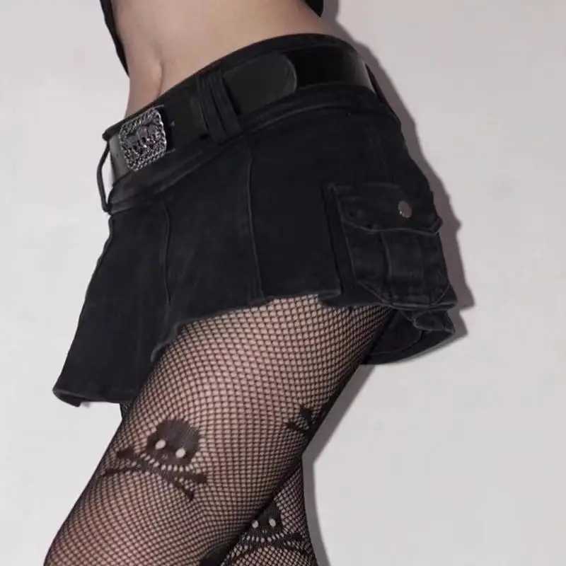 Sexy rokrokken jmprs ins harajuku low rise mini broek met riem dames sexy zwarte riem denim dames punk grunge club kleding strapless 24326