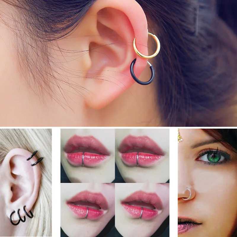 Hoop Huggie of punk womens round large earrings fake spring clips nose rings lip rings spiral rings fake earring accessories 240326