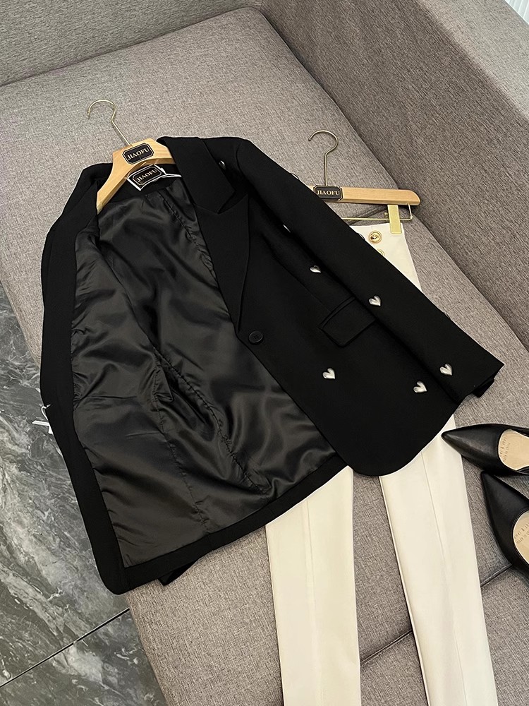 Spring Black Solid Color 3D Hearts Blazers Long Sleeve Notched-Lapel Single-Button Outwear Coats H4M211483