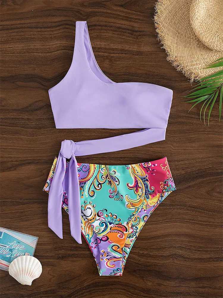 Damenbadebekleidung 2018 Neues Single-Schultergurt-Bikini-Set mit hohem Schnitt und bedrucktem Bodenkissen-Badebekleidung Sommer-Strandanzug 24326