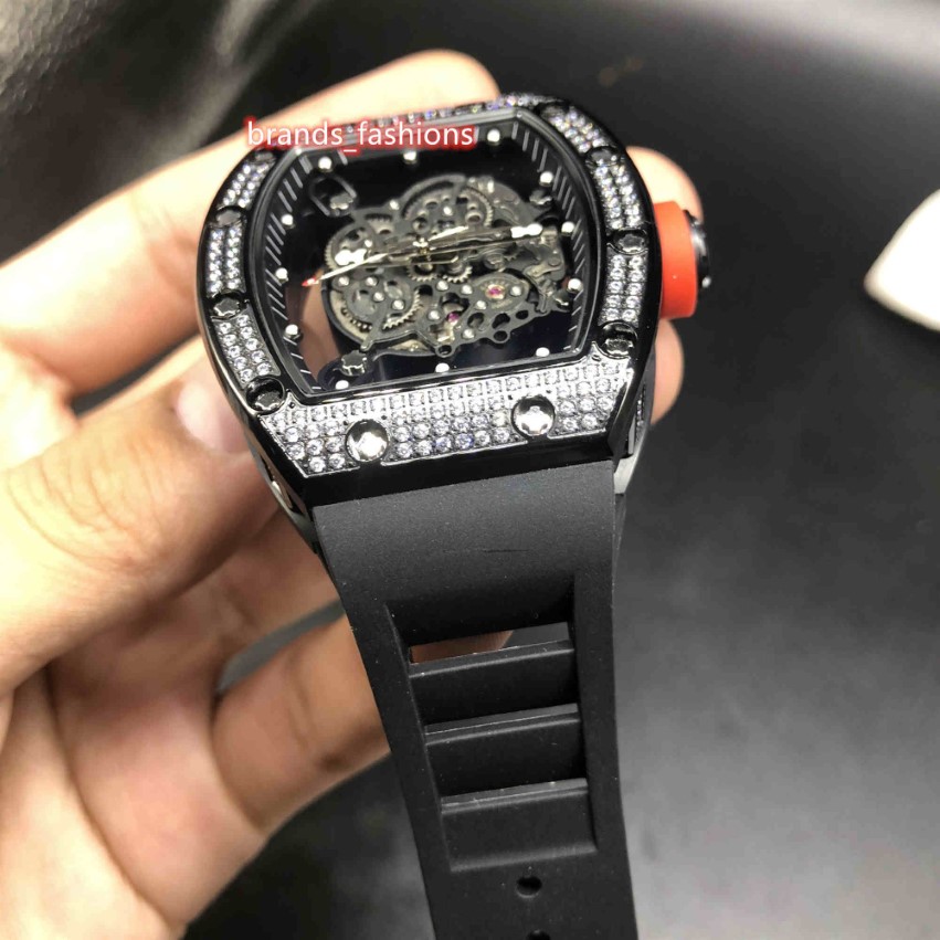 Męskie lodowe diamentowe zegarki Otwórz do twarzy zegarek Diamond Watch Watch czarny gumowy pasek w pełni automatyczny mechaniczny na rękopis 299D