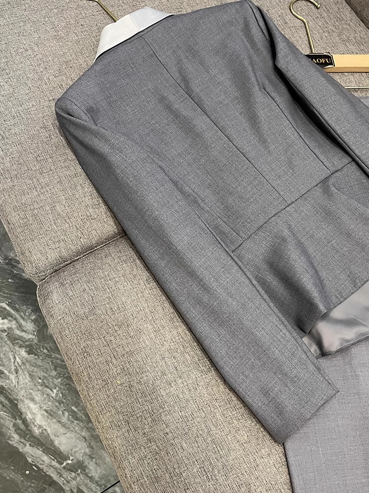 2024 frühling Grau Einfarbig Zwei Stück Hosen Sets Schwarz Langarm Revers Hals Getäfelten Blazer Top + Lange Hosen set Zwei Stück Anzüge 4X216356