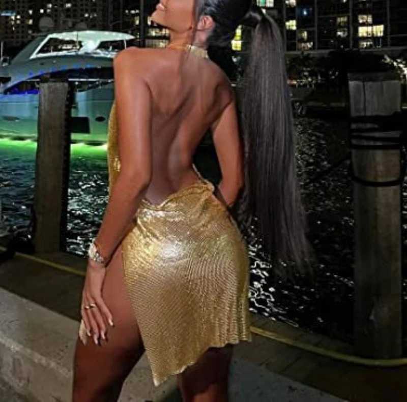 Sexy saia básica vestidos casuais 2024 vestuário de verão brilhante mulheres estilingue mini vestido lado costurado sem costas corpo sexy roupas de rua festa clube festivais westido 24326