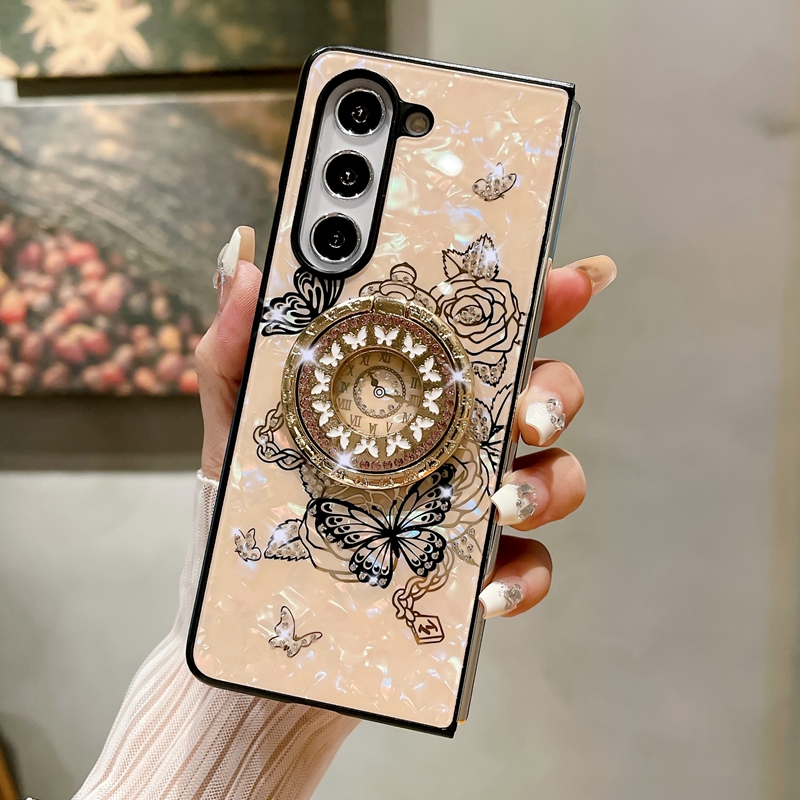 Tybomb Zfold5 Diamond Flower Samsung Galaxy Z Fold 5 4 3 Fold5 Zfold4 Hard PC Plastic Luxury Bling Rhinestone Clock 360フィンガーリングホルダーカバー