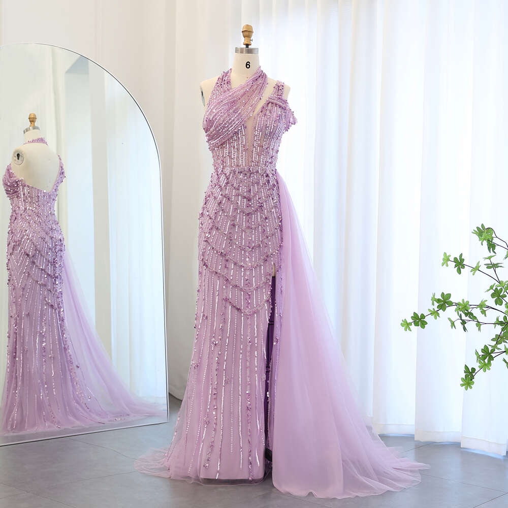 Halter Lilac Sharon Beaded Said Mermaid Evening With Overskirt Side Slit Turquoise Dubai Wedding Party Dress Ss180