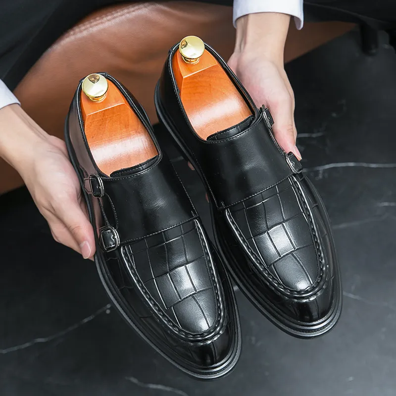 Black Men Formal Shoes Brown Loafers Slip-On Round Toe Business Double Buckle Monk Shoes for Men with
