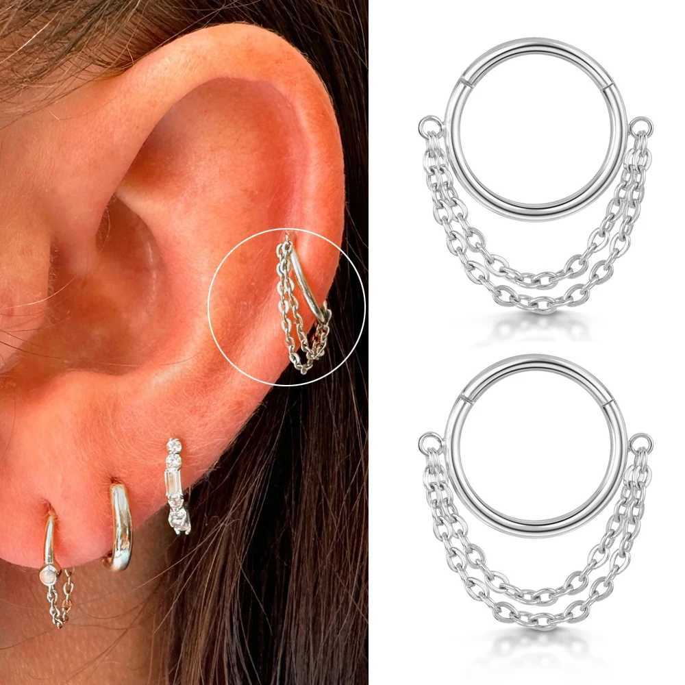 Hoop Huggie 1 stainless steel ring earring with chain simple cylindrical perforated nose ring womens gold Tragus Rook ear perforated jewelry 24326