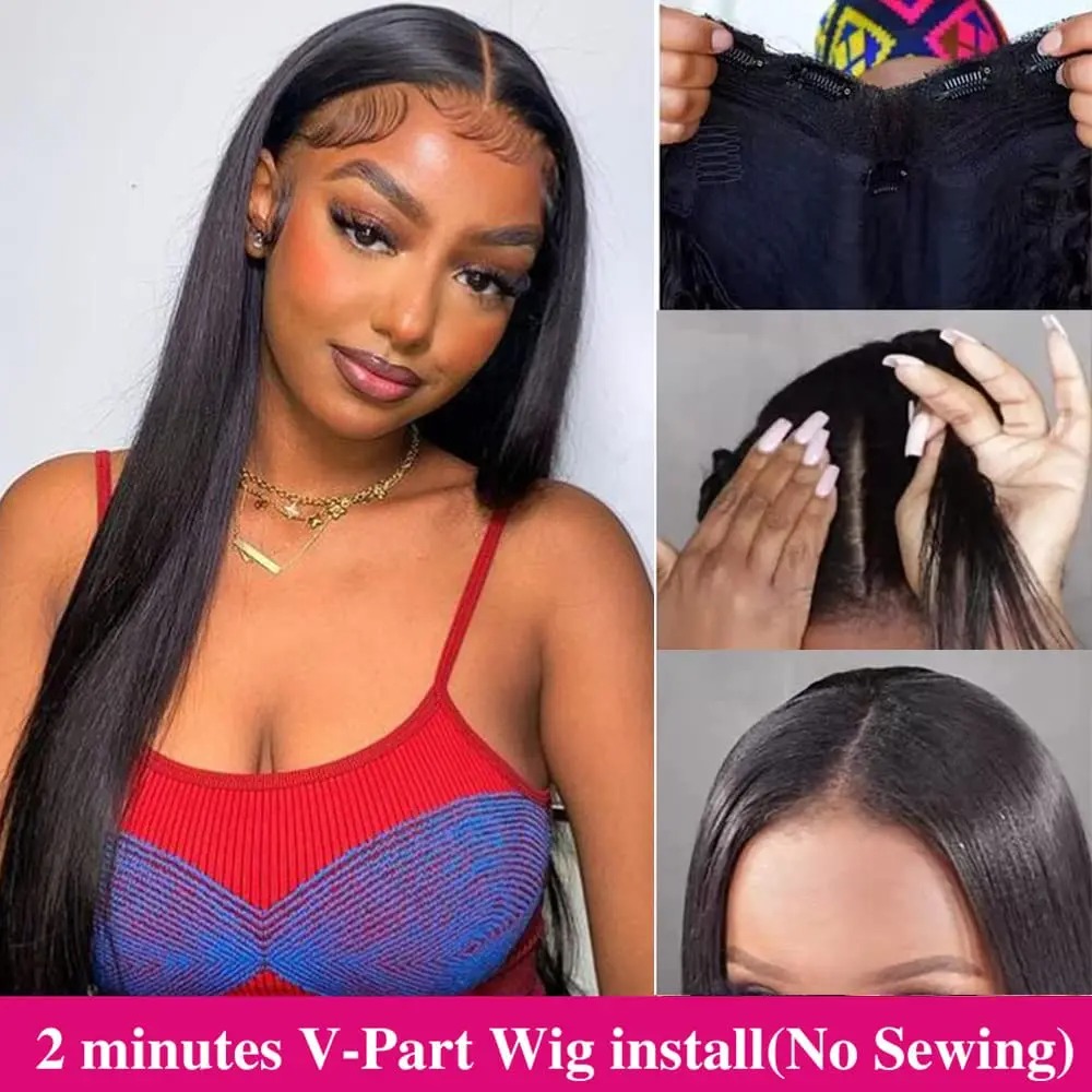 U Part Straight Human Hair Wigs Brazilian Hair No Leave Out Glueless Natural Color V Part Straight Human Hair Wigs for Women