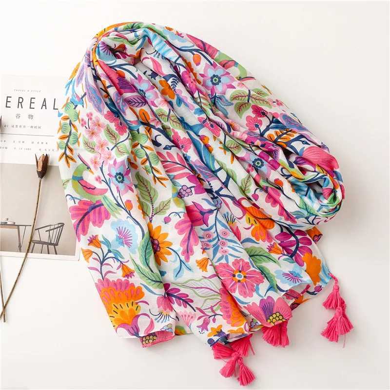 Sarongs VISROVER 2022 Pink Flower Print Adhesive Summer Scarf Womens Luxury Bag Raincoat Beach Shawl Headband Designer Scarf Direct Shipping 240325