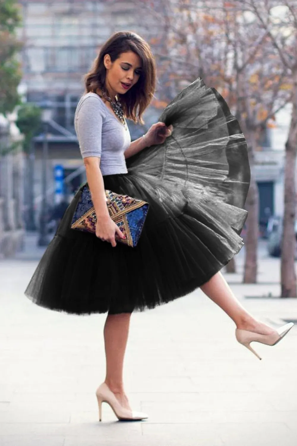 Stock Fluffy Tulle Skirt Petticoat Adult Elastic Waist Underskirt Layers Bridal Midi Tutu Skirts Women Prom Evening CPA539