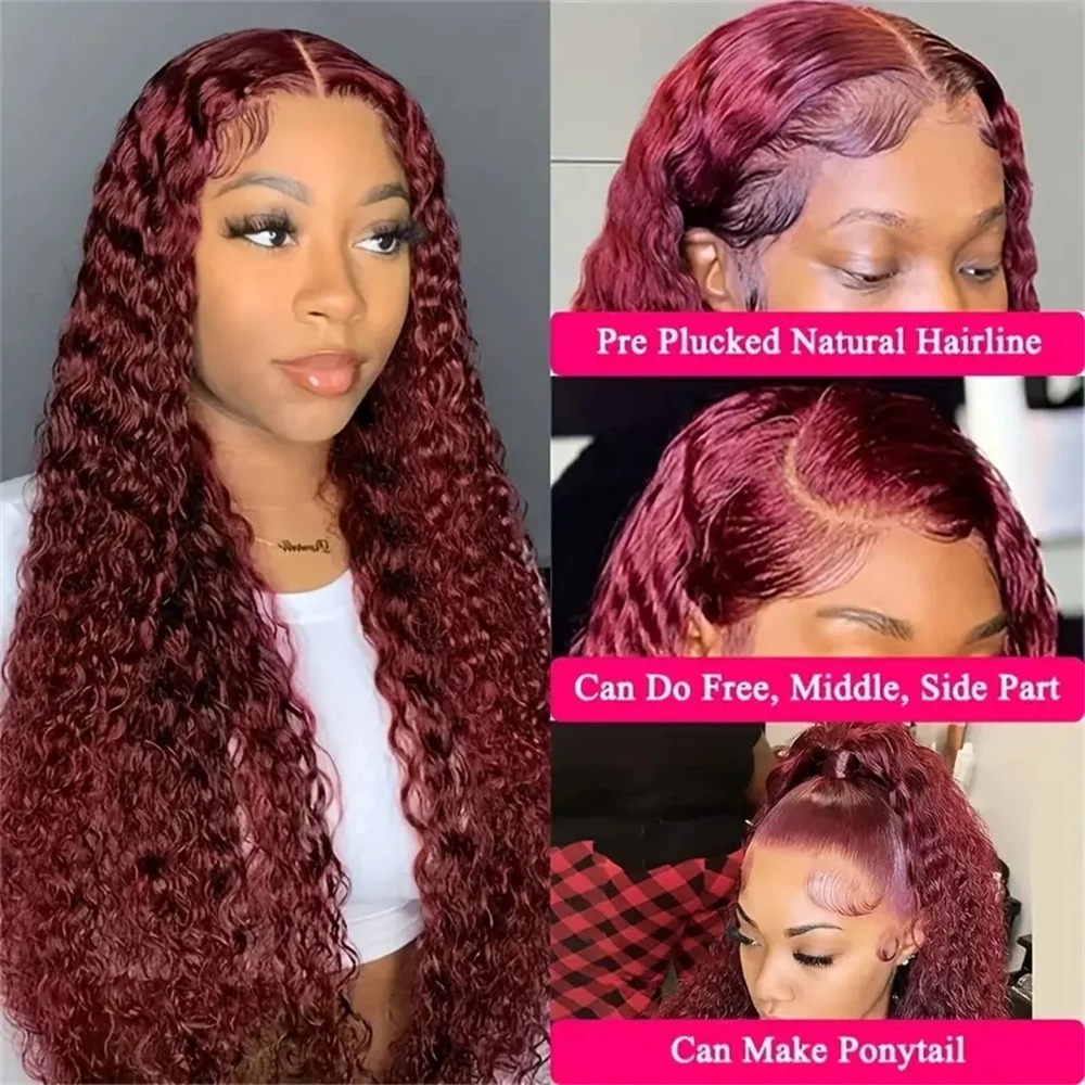 13x6 ludzkie włosy głębokie fali koronkowe peruki przednie 99J Burgundowe Brazylijskie Remy Hair Blueless 13x4 HD Curly Lace Frontal Peruka dla kobiet