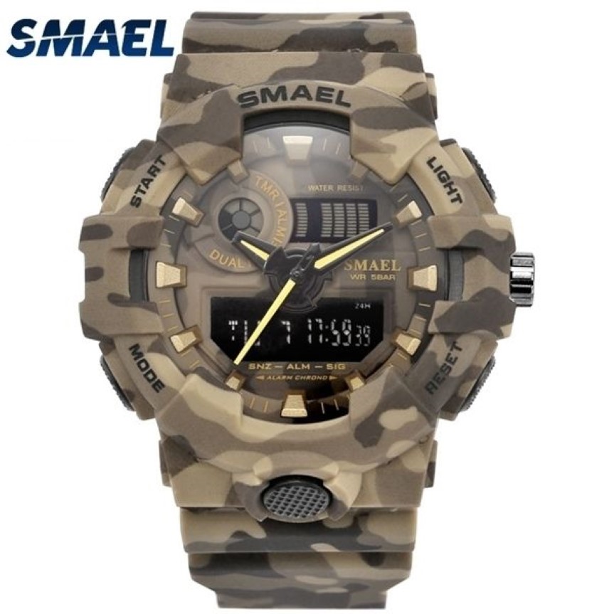 새로운 위장 군사 시계 Smael 브랜드 스포츠 시계 Led Quartz Clock Men Sport Wristwatch 8001 Mens Army Watch 방수 x052252I