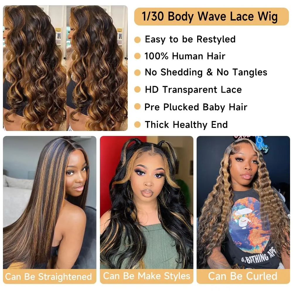 Perruque Lace Front Wig Body Wave naturelle ombrée, cheveux humains, 13x4, pre-plucked, pré-coupée, Wear and Go, perruque sans colle, 1B/30