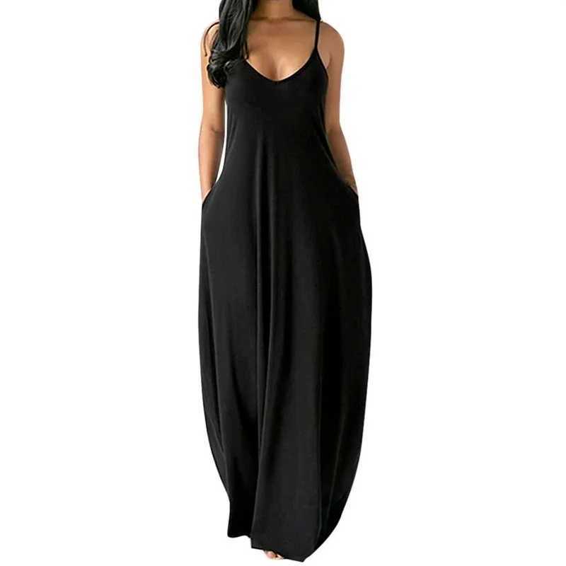 Maillots de bain pour femmes Robe longue de poche pour femmes sexy col en V sans manches robe décontractée en vrac été spaghetti bandoulière couleur unie plage longue robe S-5XL 24326